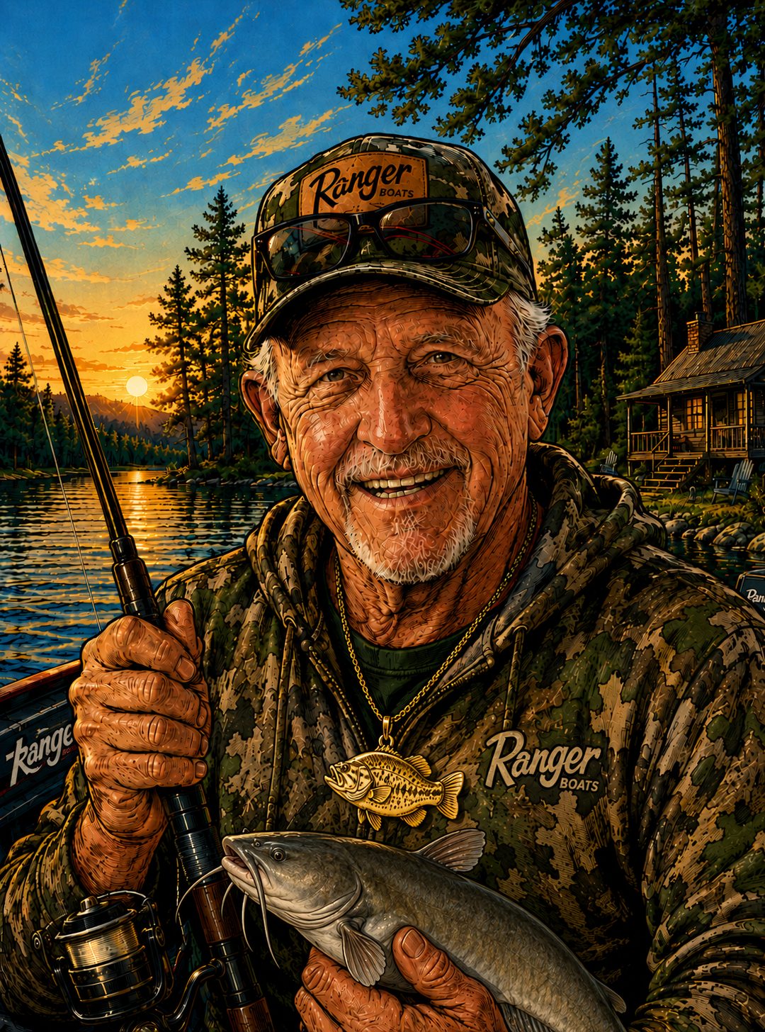 Captain Jim holding a fishing rod on the lake at sunset